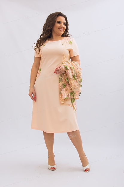Персиковое женское платье с кружевной блузкой 355-1s