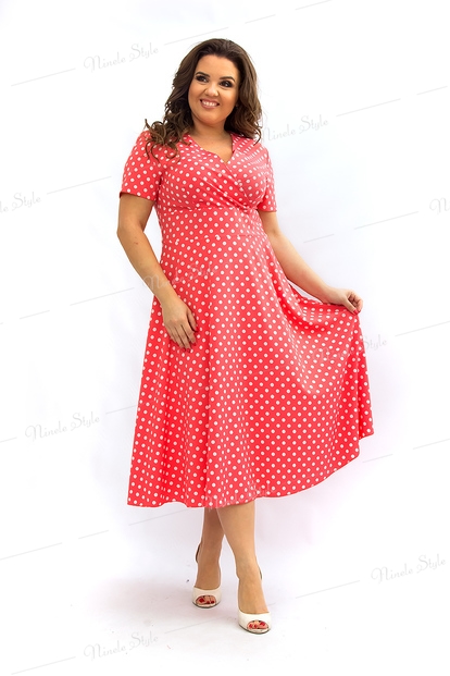 Воздушное коралловое женское платье "Лето 2019" в горошек 359-1e