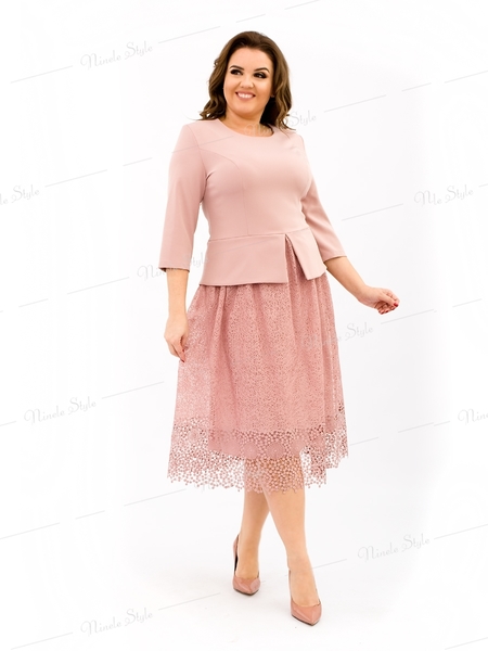 Бежевое коктейльное женское платье с кружевной юбкой 344-1e