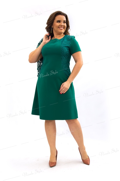 Зеленое женское платье с кружевной блузкой 355-6Зеленый