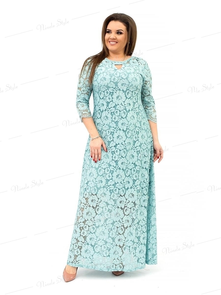 Гипюровое вечернее женское платье с цветочным принтом - бирюзовое 237-4e