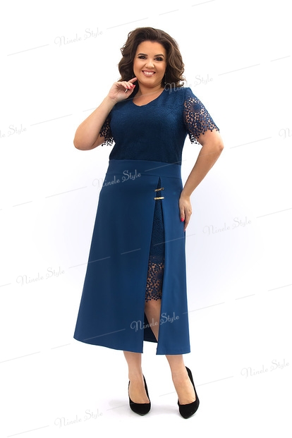 Синее кружевное вечернее женское платье из гипюра 347-4e