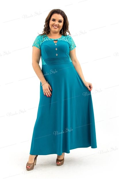 Нежно-бирюзовое гипюровое длинное женское платье 127-1e