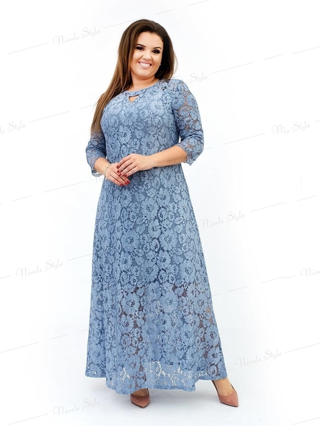 Гипюровое вечернее женское платье с цветочным принтом - голубое 237-2e