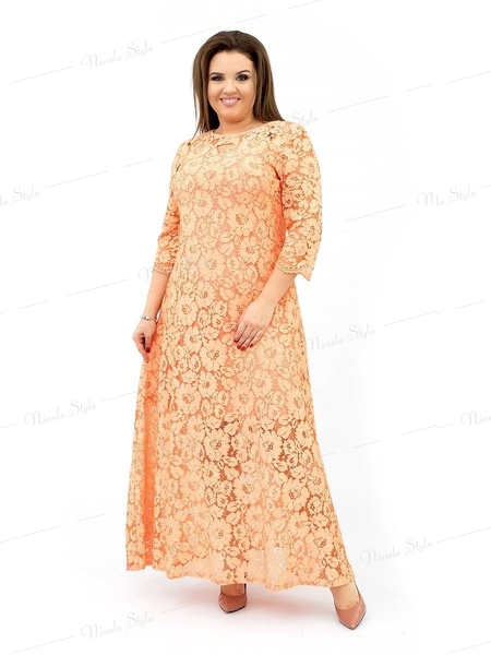 Гипюровое вечернее женское платье с цветочным принтом - персиковое 237e