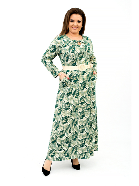Трикотажное длинное женское платье с принтом - зеленое 159-2e