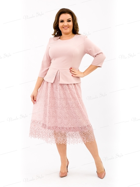Розовое коктейльное женское платье с кружевной юбкой 344-2Розовый