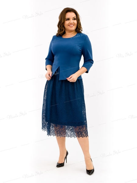 Синее коктейльное женское платье с кружевной юбкой 344-3e