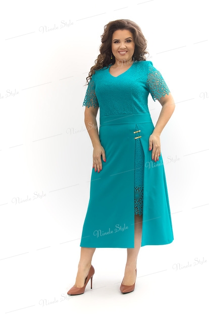 Бирюзовое кружевное вечернее женское платье из гипюра 347-2e